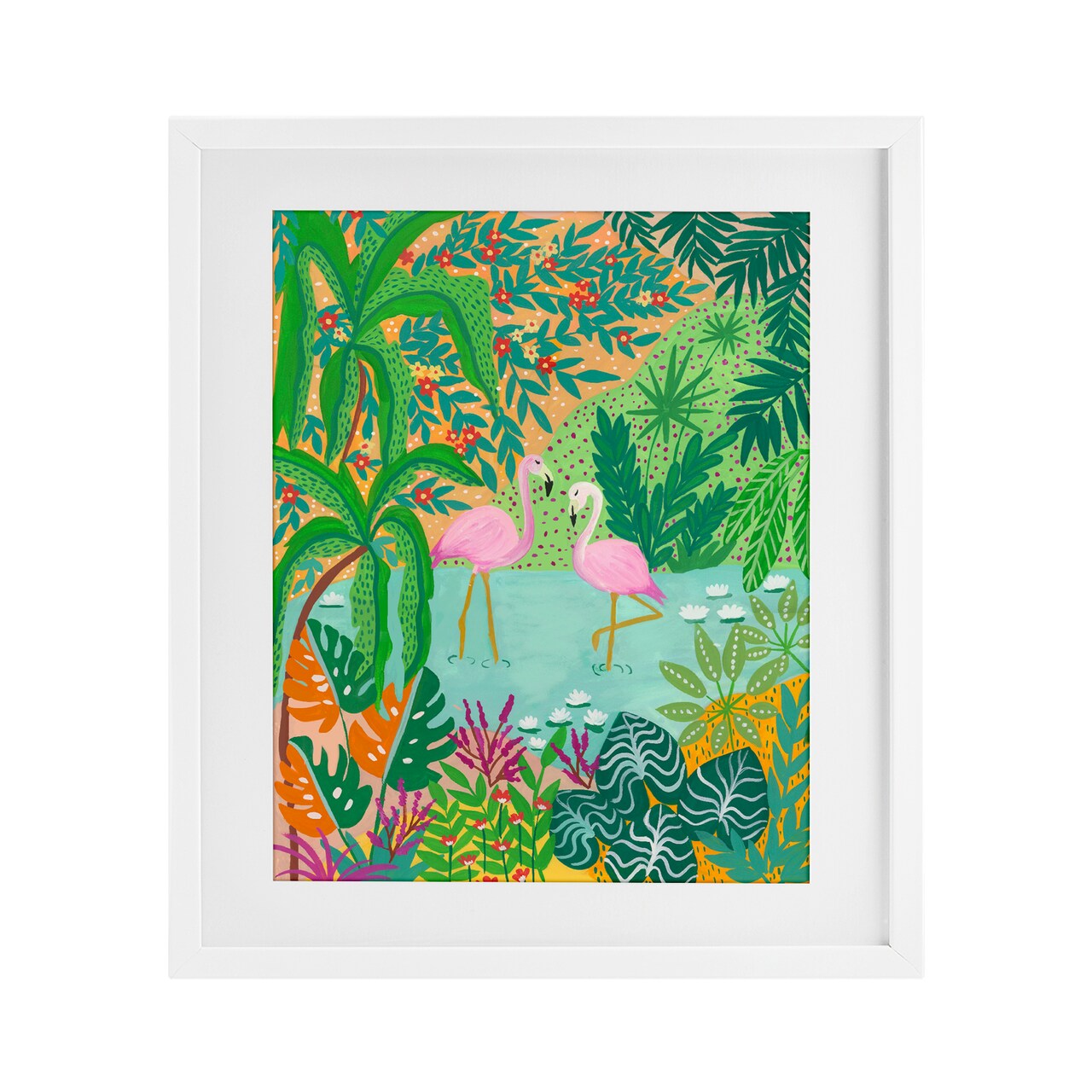 Stupell Industries Flamingos in Dotted Pond Framed Print Under Glass, design by Nabeela Rumi